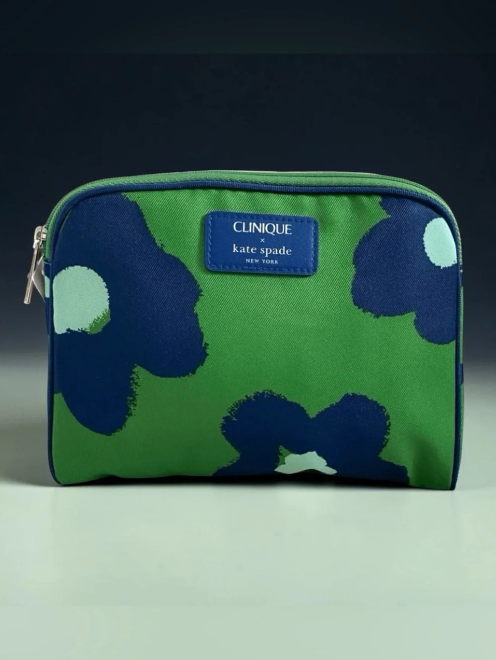 Kate Spade x Clinique Collab Green/Blue Floral Zip Top Make Up/Cosmetic Bag NWOT